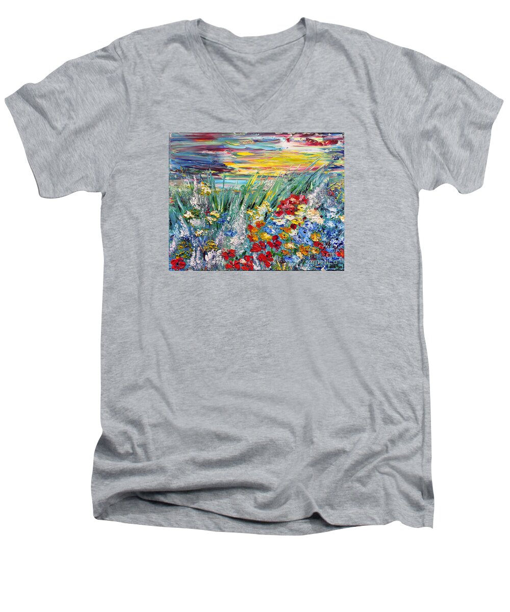 Acrylic Men's V-Neck T-Shirt featuring the painting Flower Field by Teresa Wegrzyn