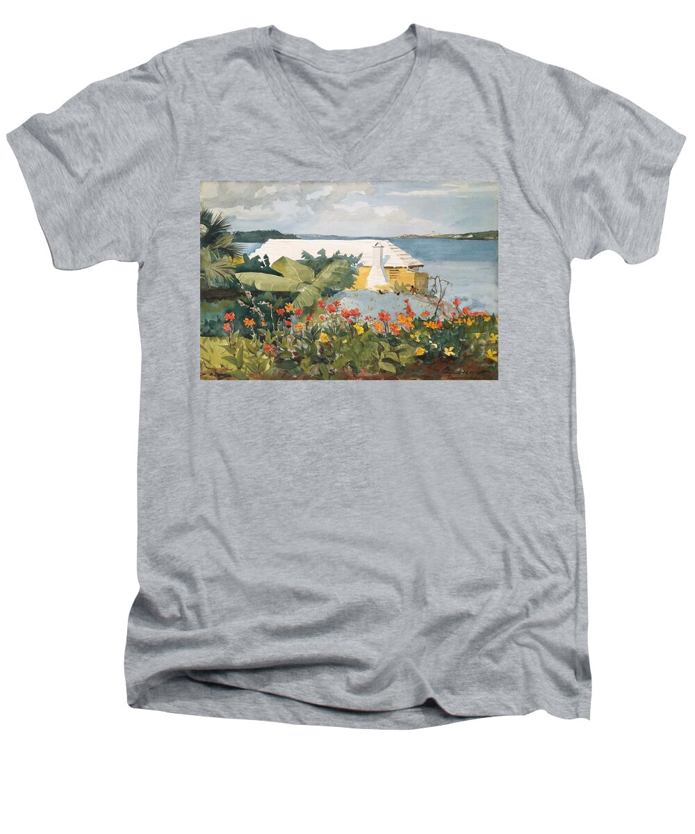 Winslow Homer Men's V-Neck T-Shirt featuring the painting Flower Garden and Bungalow by Celestial Images