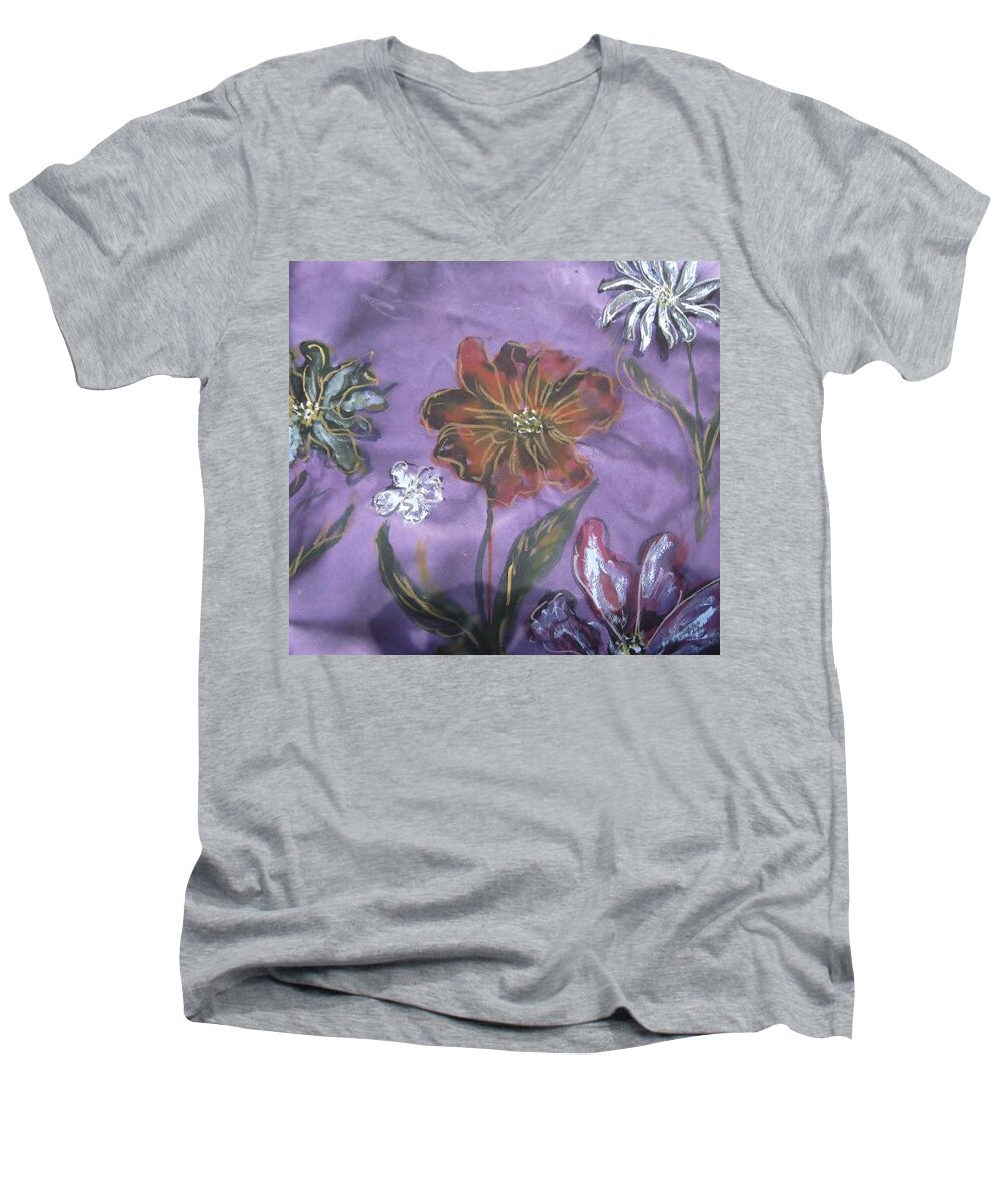 Flowers Men's V-Neck T-Shirt featuring the painting Flowers on Silk by Lucille Valentino