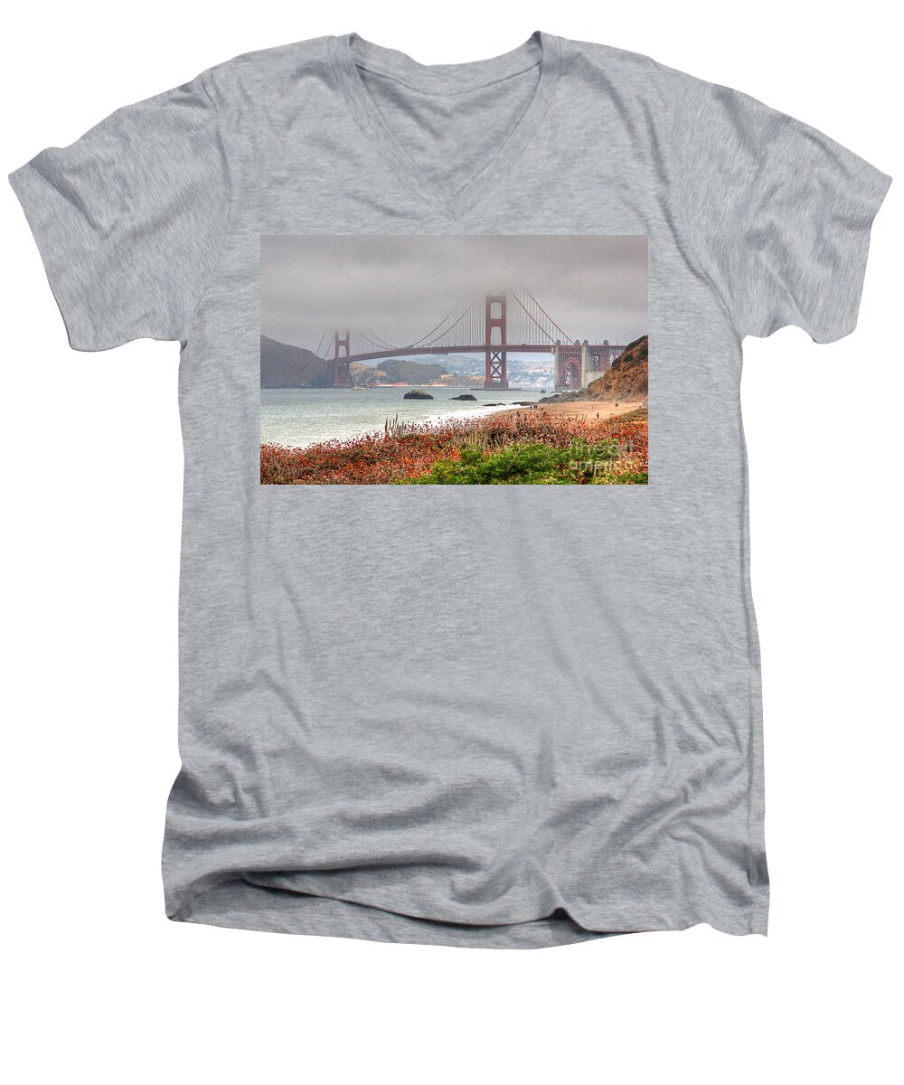 Kate Brown Men's V-Neck T-Shirt featuring the photograph Foggy Bridge by Kate Brown