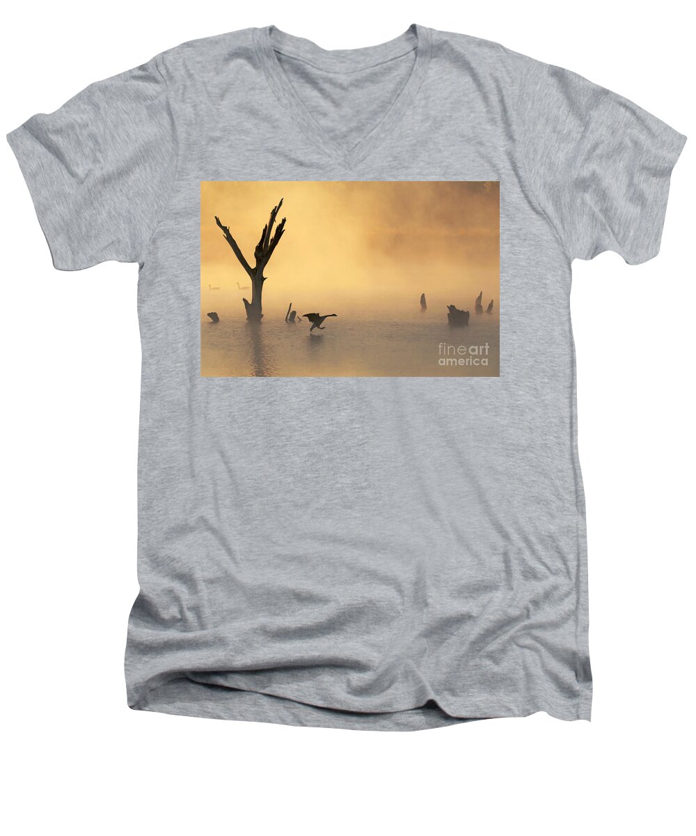 Fog Men's V-Neck T-Shirt featuring the photograph Foggy Landing by Elizabeth Winter