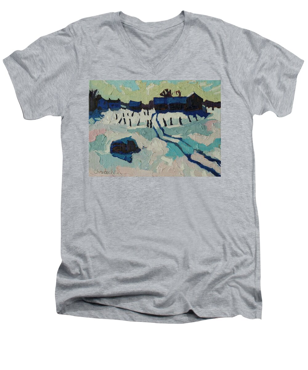 Chadwick Men's V-Neck T-Shirt featuring the painting Foley Farm in Winter by Phil Chadwick