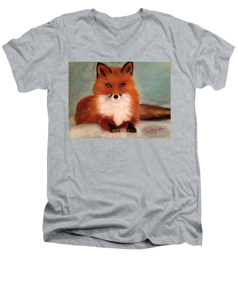 Fox Men's V-Neck T-Shirt featuring the pastel Fox in the Snow by Renee Michelle Wenker