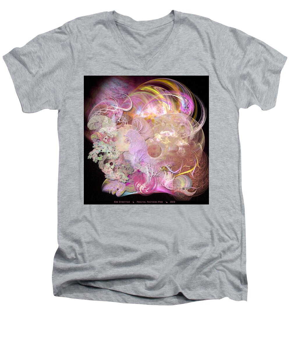 Pink Men's V-Neck T-Shirt featuring the digital art Fractal Feathers Pink by Ann Stretton