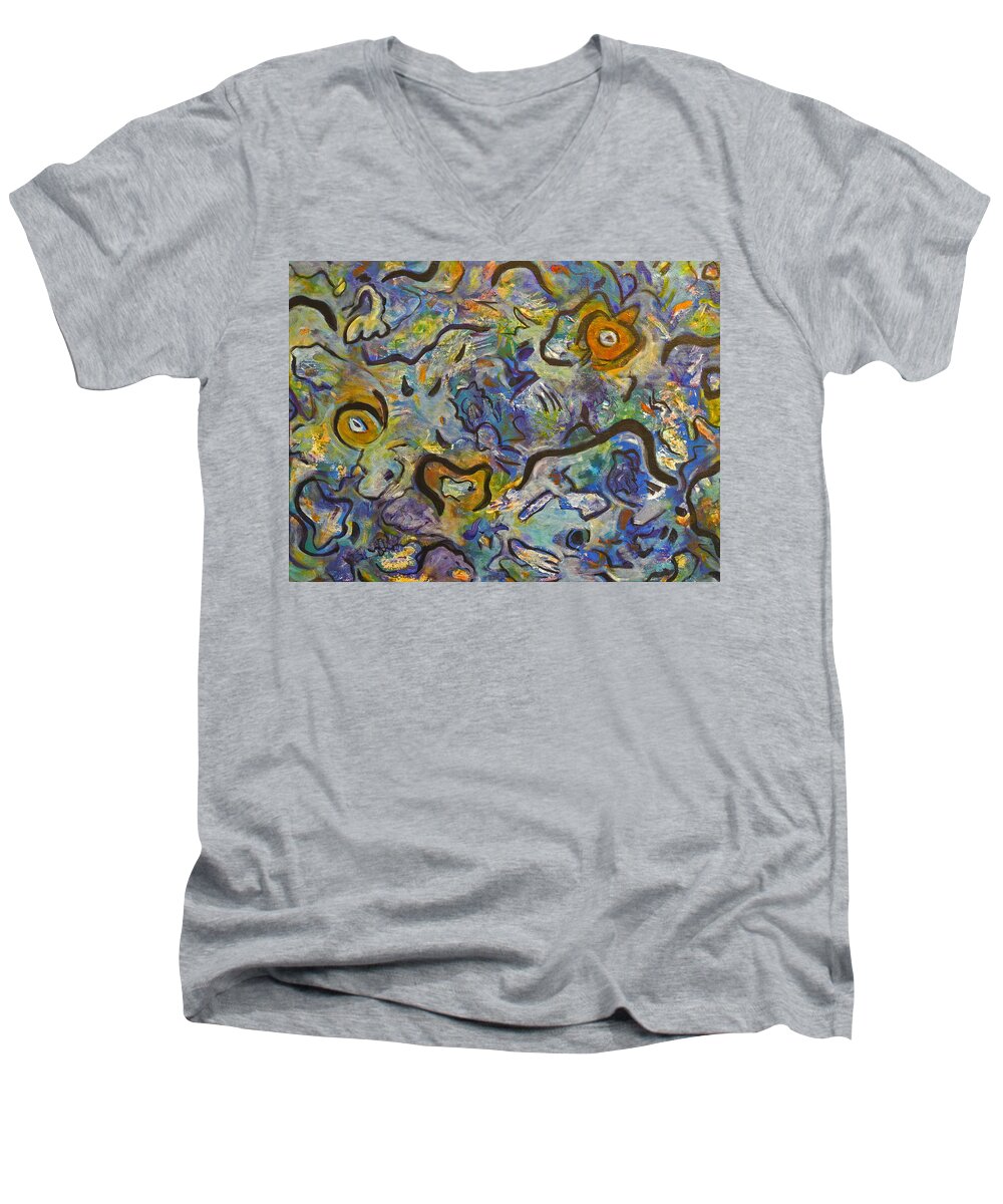 Abstract Men's V-Neck T-Shirt featuring the painting Frantic Rooster by Lynda Lehmann