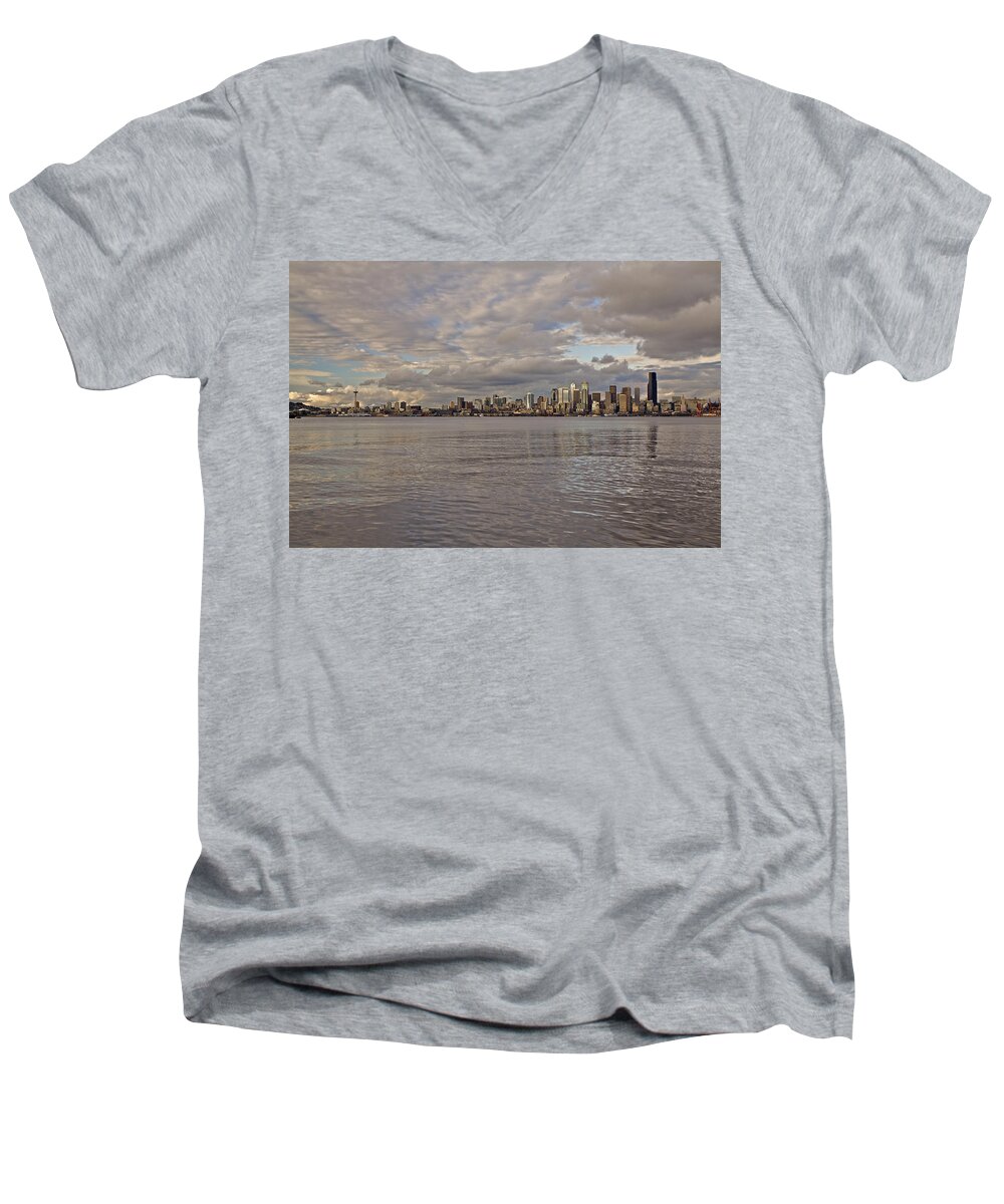 Sun Set Men's V-Neck T-Shirt featuring the photograph from Alki Beach Seattle skyline by SC Heffner
