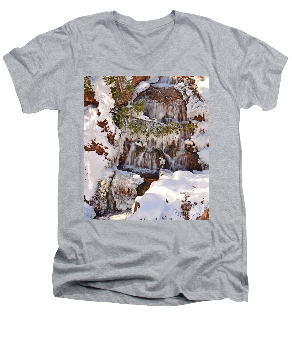 Cascade Men's V-Neck T-Shirt featuring the photograph Frosty Cascades by Kelly Black