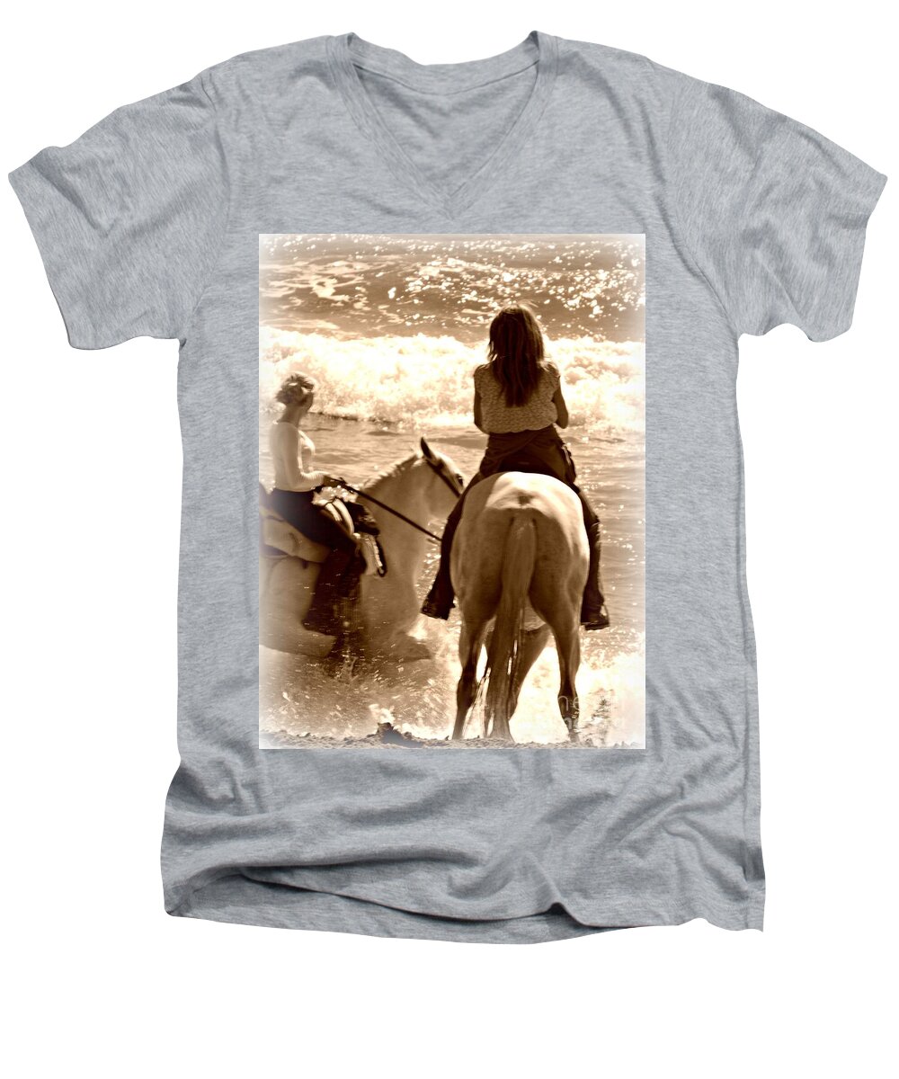 Horse Men's V-Neck T-Shirt featuring the photograph Fun in the Surf by Clare Bevan