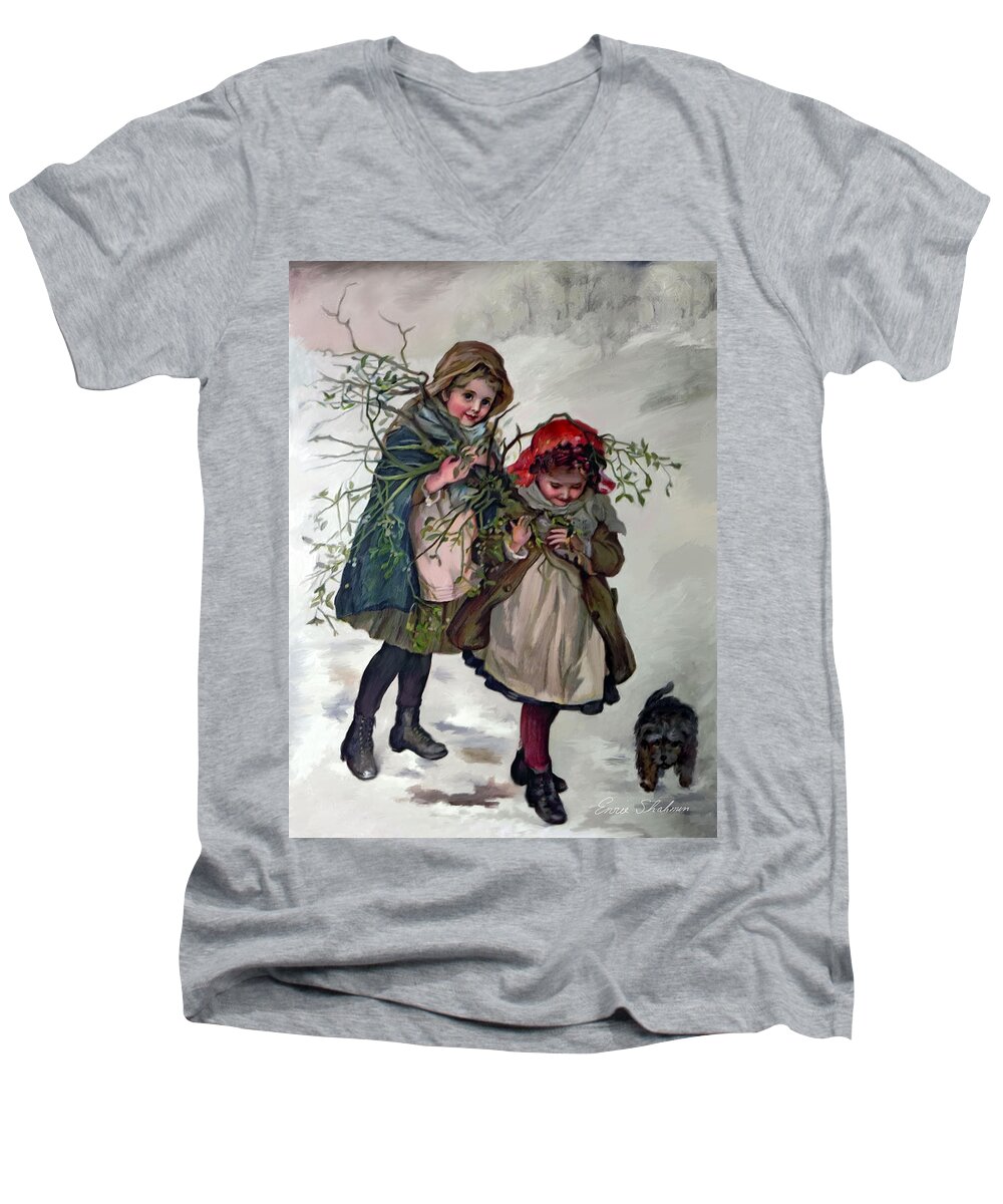Mistletoe Men's V-Neck T-Shirt featuring the painting Gathering Mistletoe by Portraits By NC
