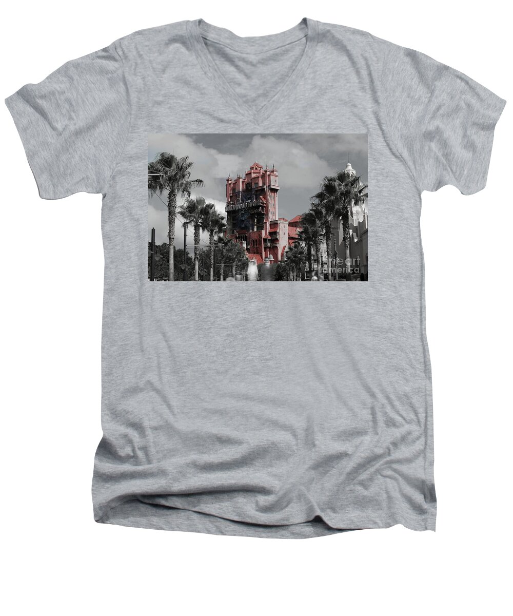 Ghost Men's V-Neck T-Shirt featuring the mixed media Ghostly at the Tower by Eric Liller