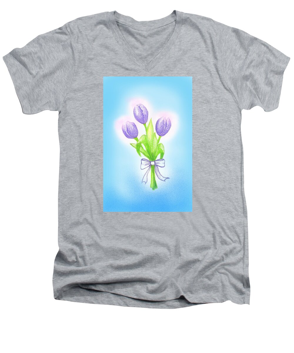 Purple Tulips Men's V-Neck T-Shirt featuring the drawing Gift by Keiko Katsuta