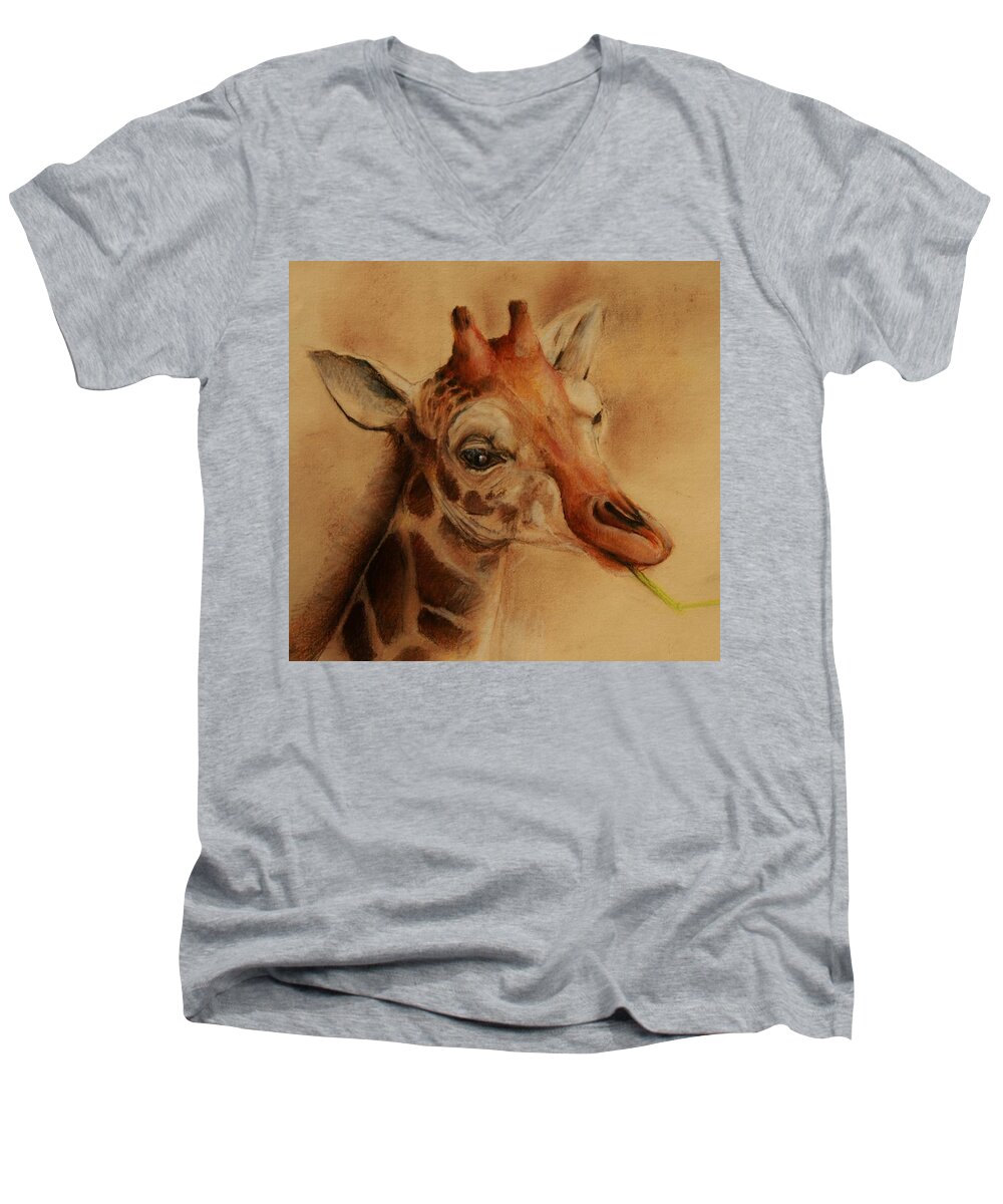 Young Giraffe Men's V-Neck T-Shirt featuring the drawing Giraffe by Jean Cormier
