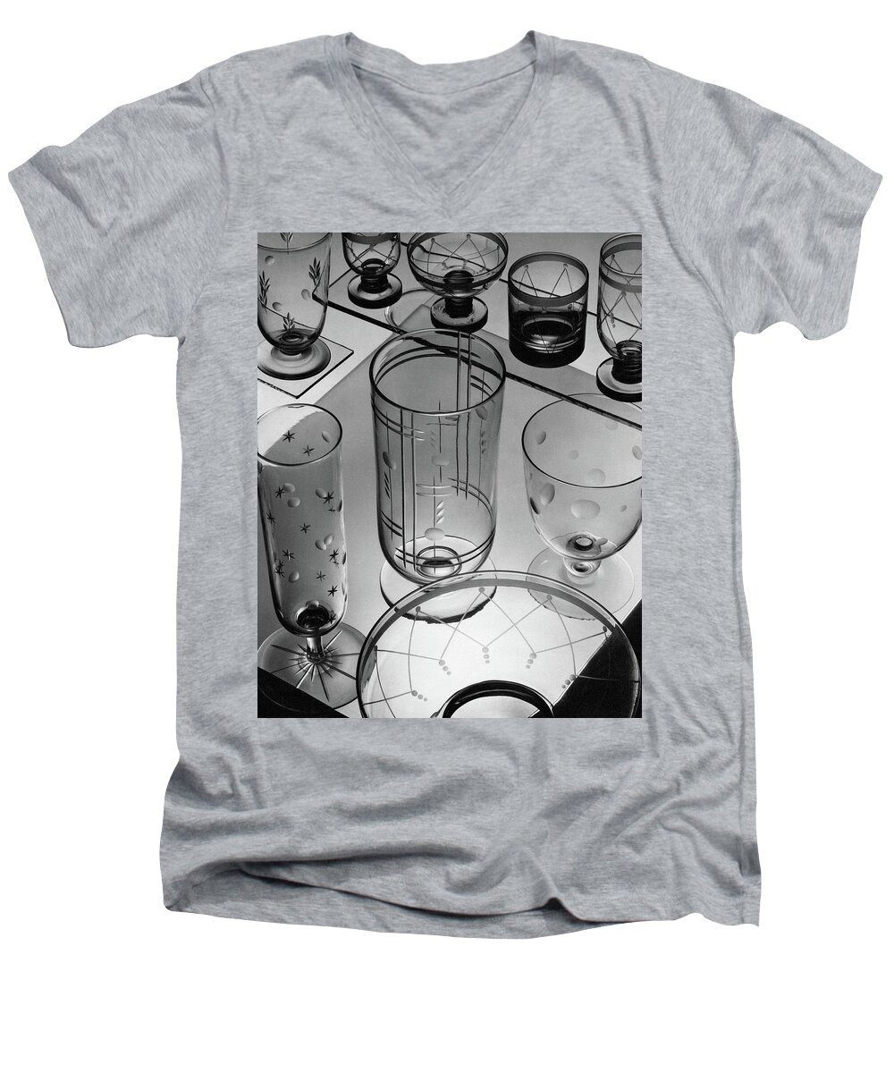 Home Accessories Men's V-Neck T-Shirt featuring the photograph Glasses And Crystal Vases By Walter D Teague by The 3