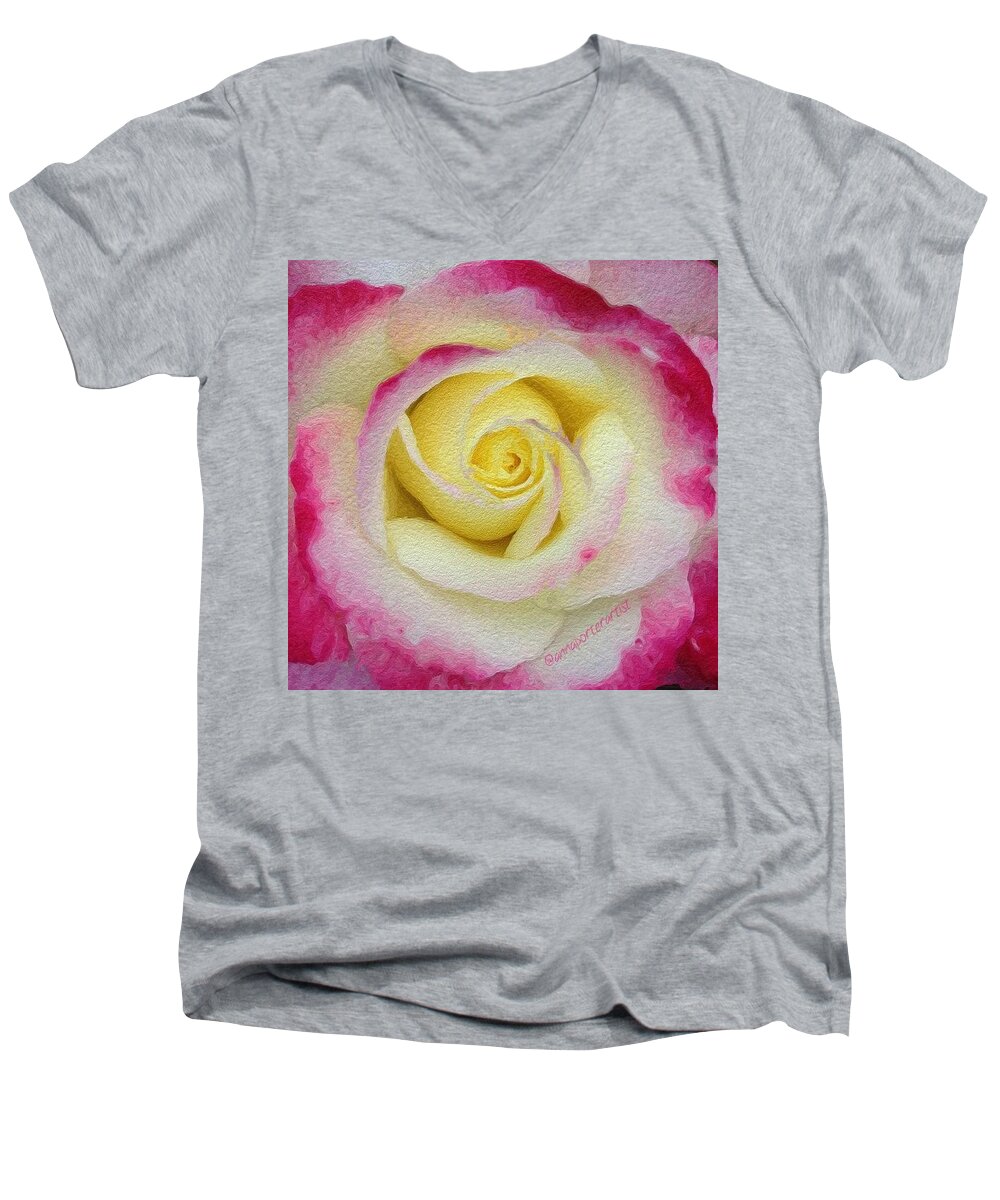 Roses Men's V-Neck T-Shirt featuring the photograph Glazed Red-tipped Rose by Anna Porter