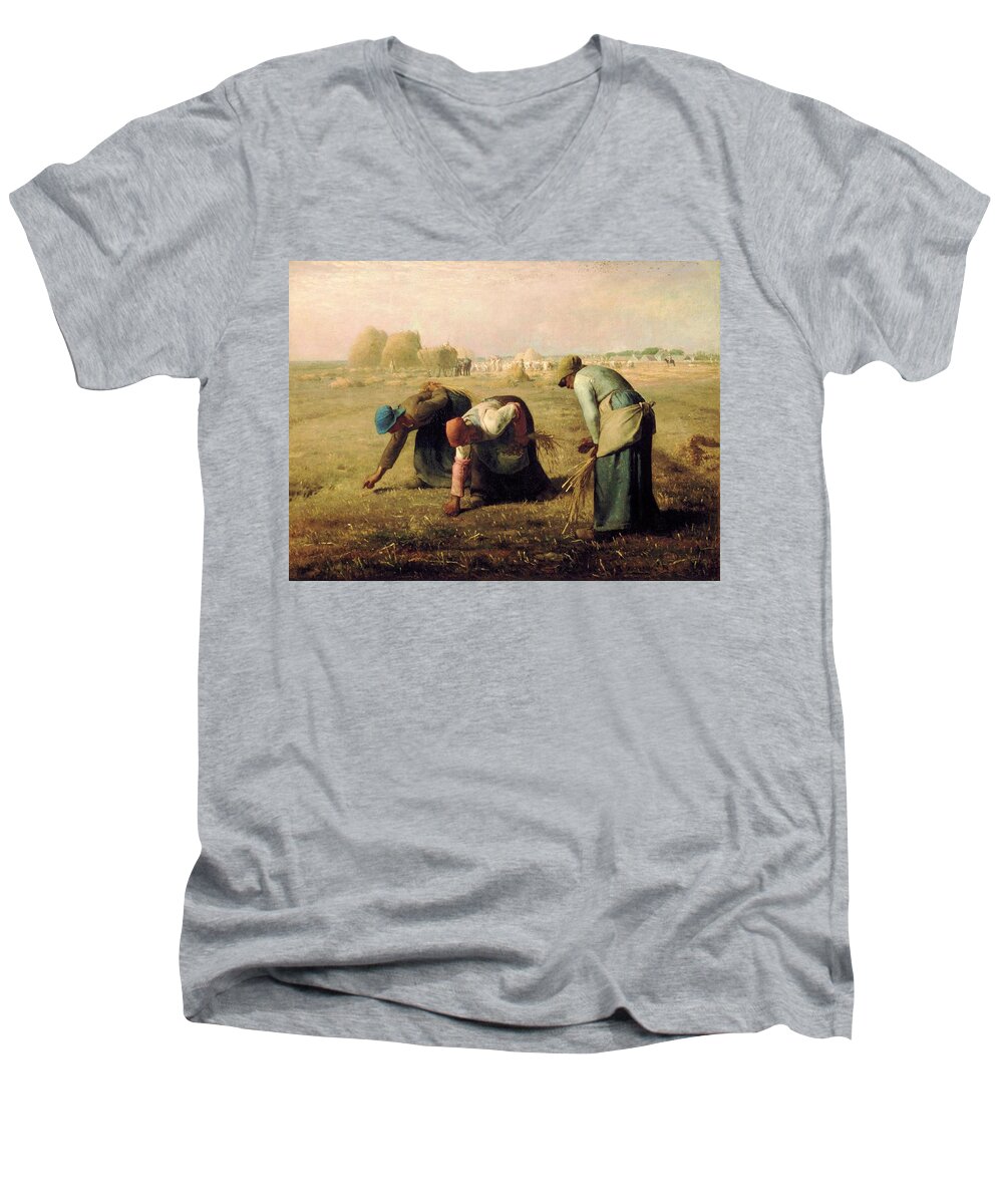Gleaners Men's V-Neck T-Shirt featuring the painting Gleaners by Jean Francois Millet