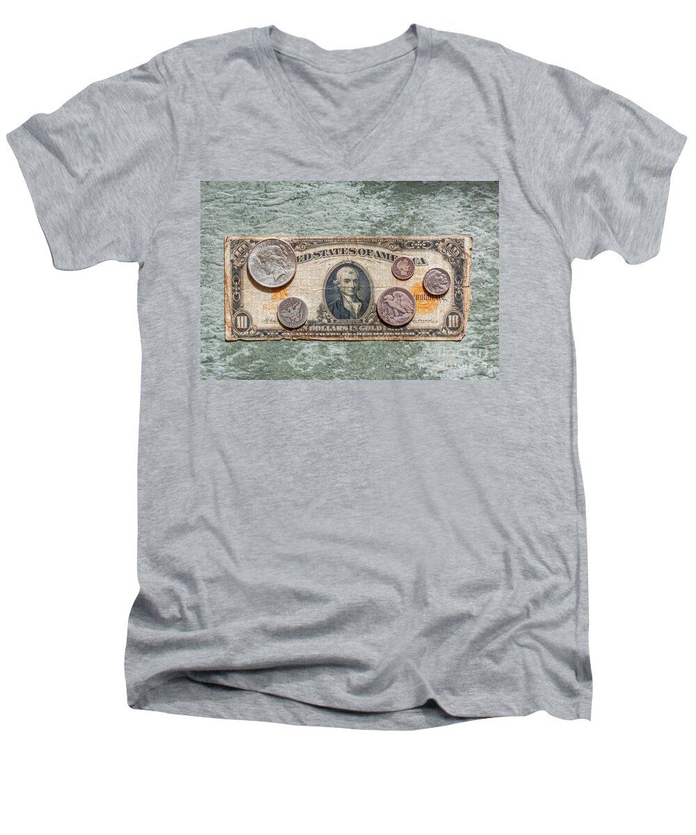 Gold Certificate And Silver Coins Men's V-Neck T-Shirt featuring the photograph Gold Certificate and Silver Coins Ver 1 by Randy Steele