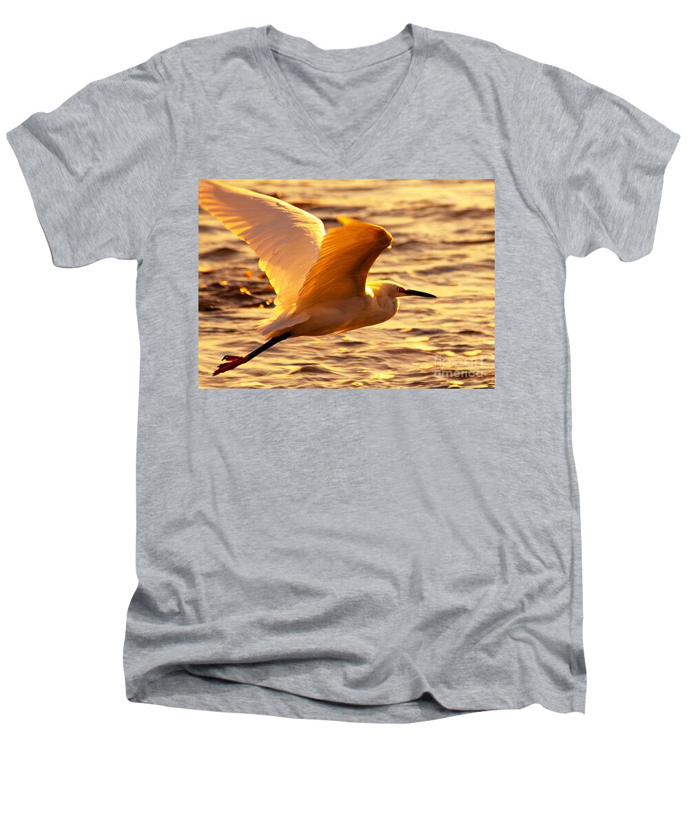 Flying Egret Prints Men's V-Neck T-Shirt featuring the photograph Golden Egret Bird Nature Fine Photography Yellow Orange Print by Jerry Cowart