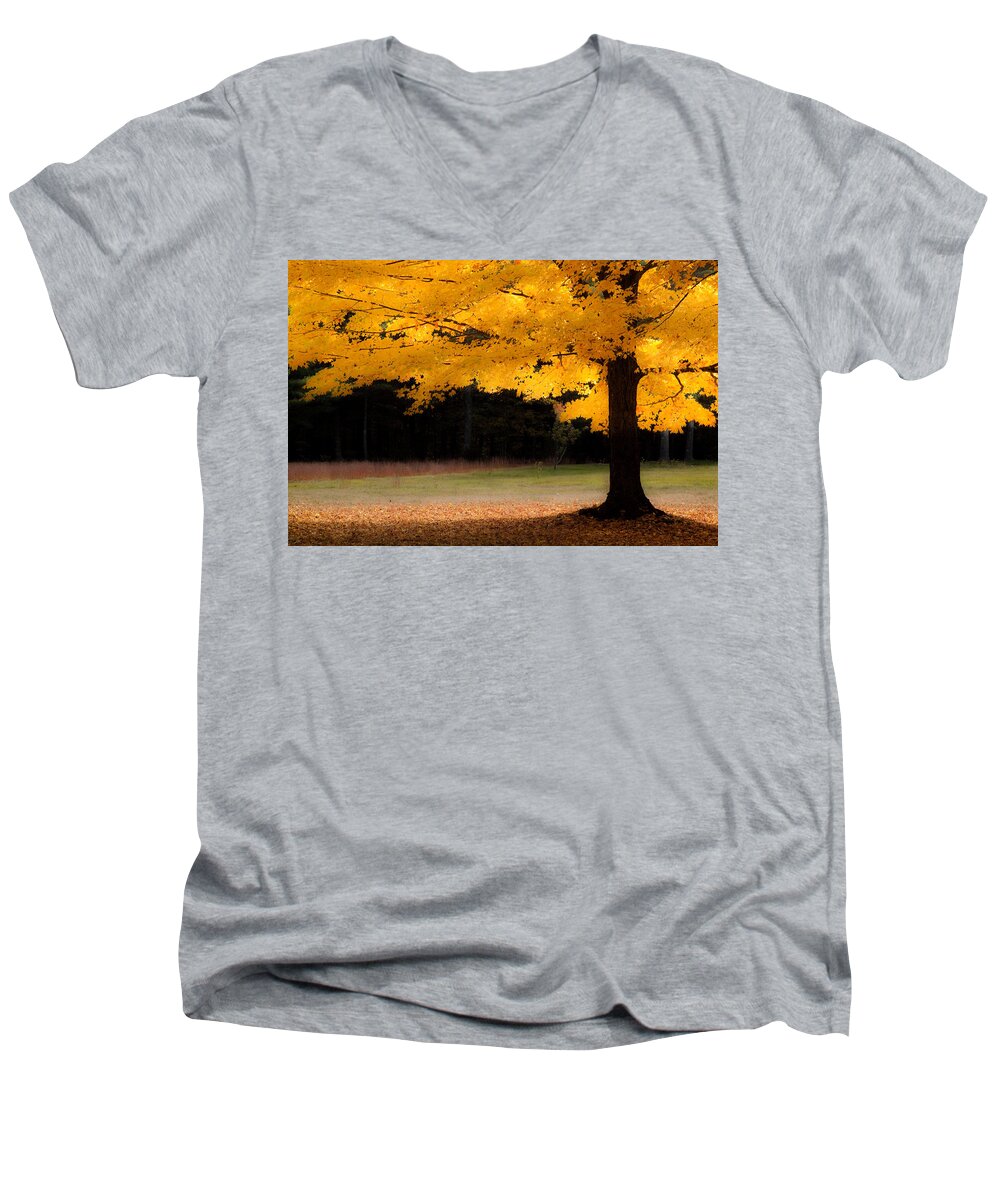 autumn Foliage New England Men's V-Neck T-Shirt featuring the photograph Golden glow of autumn fall colors by Jeff Folger