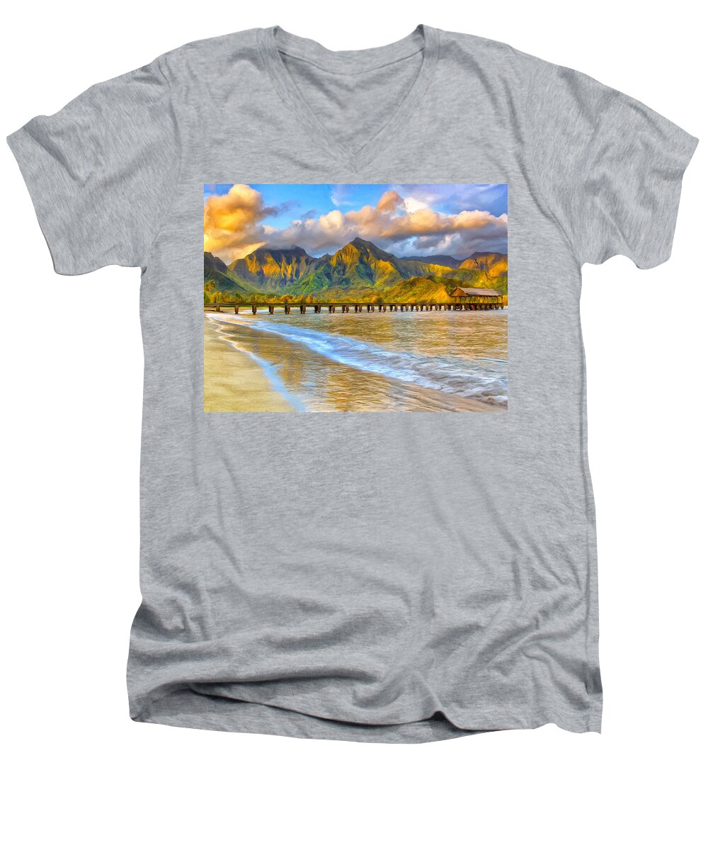 Morning Men's V-Neck T-Shirt featuring the painting Golden Hanalei Morning by Dominic Piperata