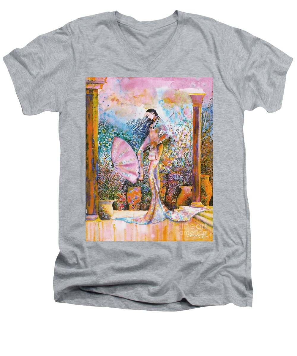 Exotic Men's V-Neck T-Shirt featuring the painting Golden Palace by Frances Ku