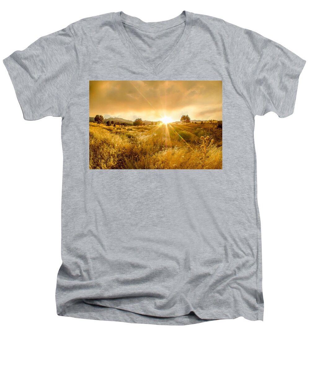 Golden Glow Men's V-Neck T-Shirt featuring the photograph Golden Smoke by Emily Dickey