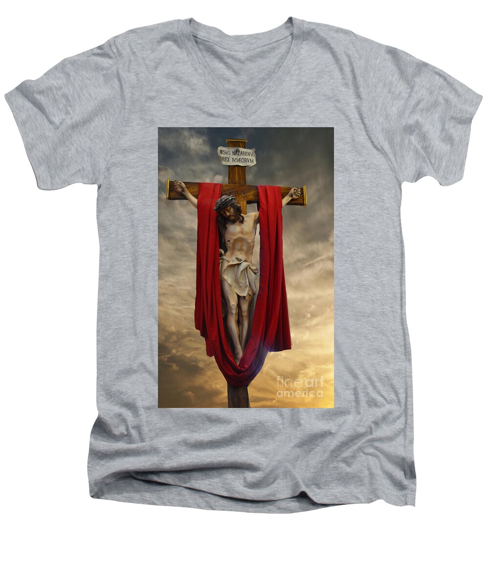His Ultimate Mercy Men's V-Neck T-Shirt featuring the photograph His Ultimate Gift of Mercy - Jesus Christ by Luther Fine Art