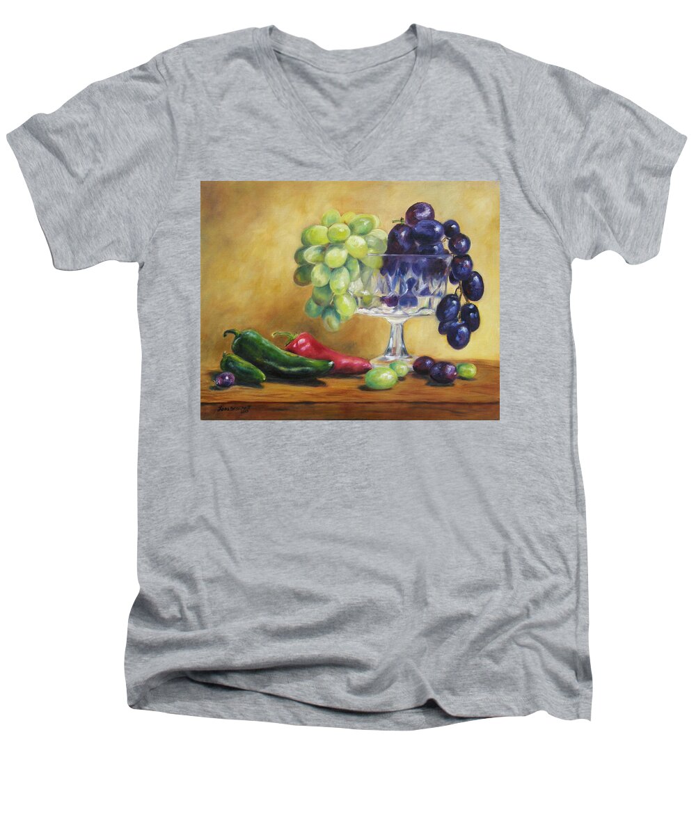 Vine Men's V-Neck T-Shirt featuring the painting Grapes and Jalapenos by Lori Brackett