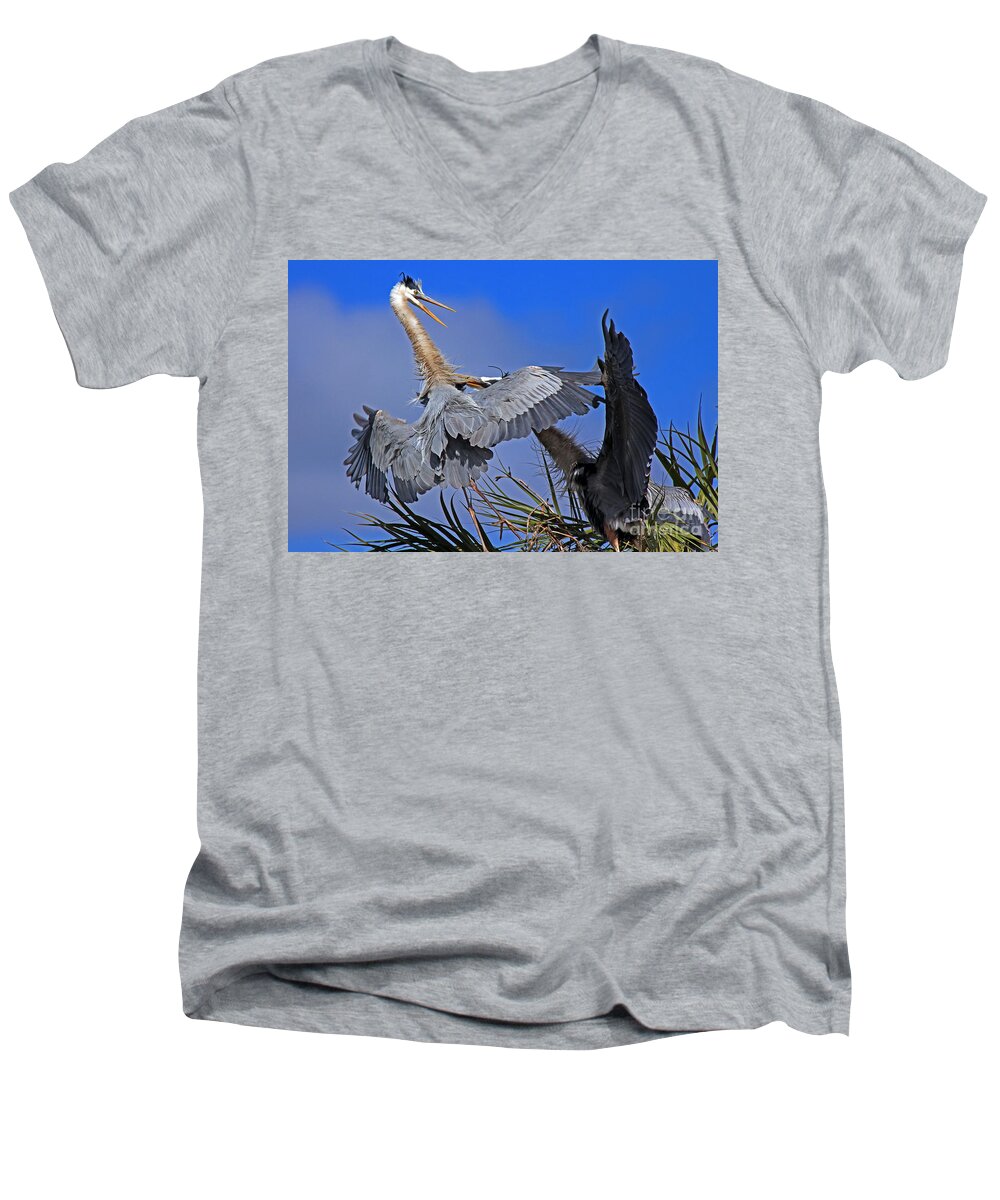 Great Blue Heron Men's V-Neck T-Shirt featuring the photograph Great Blue Heron fight by Larry Nieland