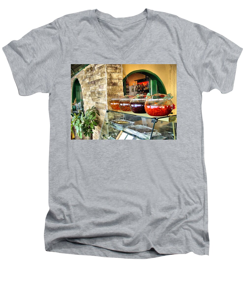 Olives Men's V-Neck T-Shirt featuring the photograph Greek Isle Restaurant Still Life by Mitchell R Grosky