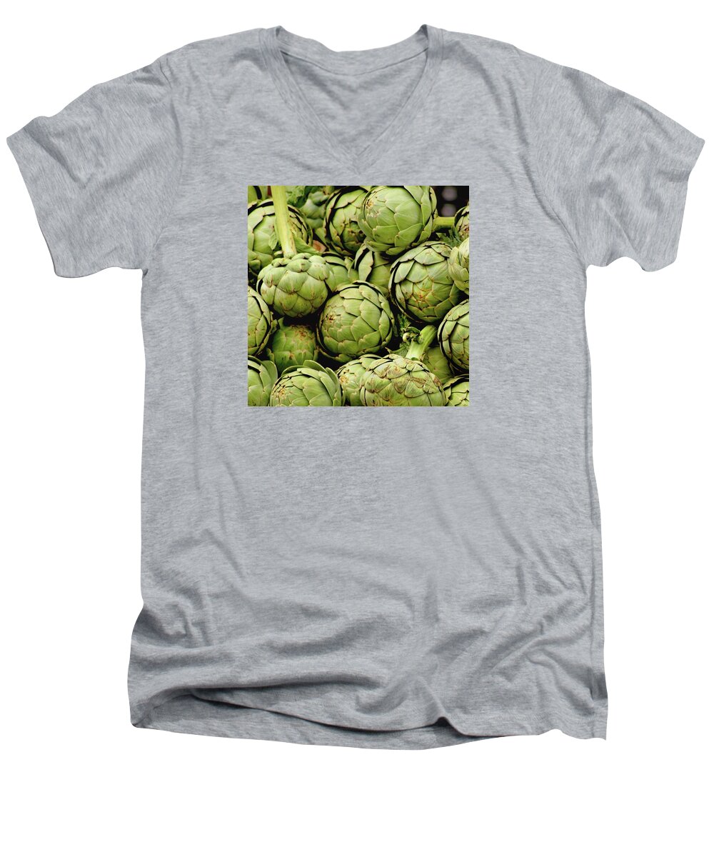 Artichoke Men's V-Neck T-Shirt featuring the photograph Green Artichokes by Art Block Collections