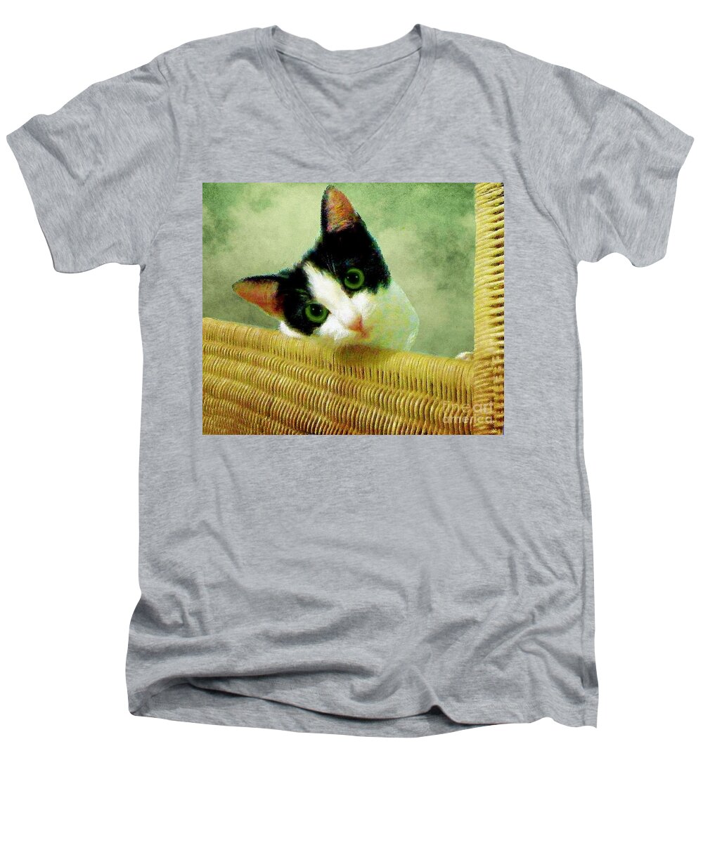 Cat Men's V-Neck T-Shirt featuring the photograph Green Eyed Cat on Wicker by Janette Boyd