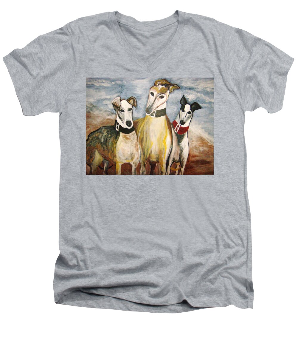 Greyhounds Men's V-Neck T-Shirt featuring the painting Greyhounds by Leslie Manley