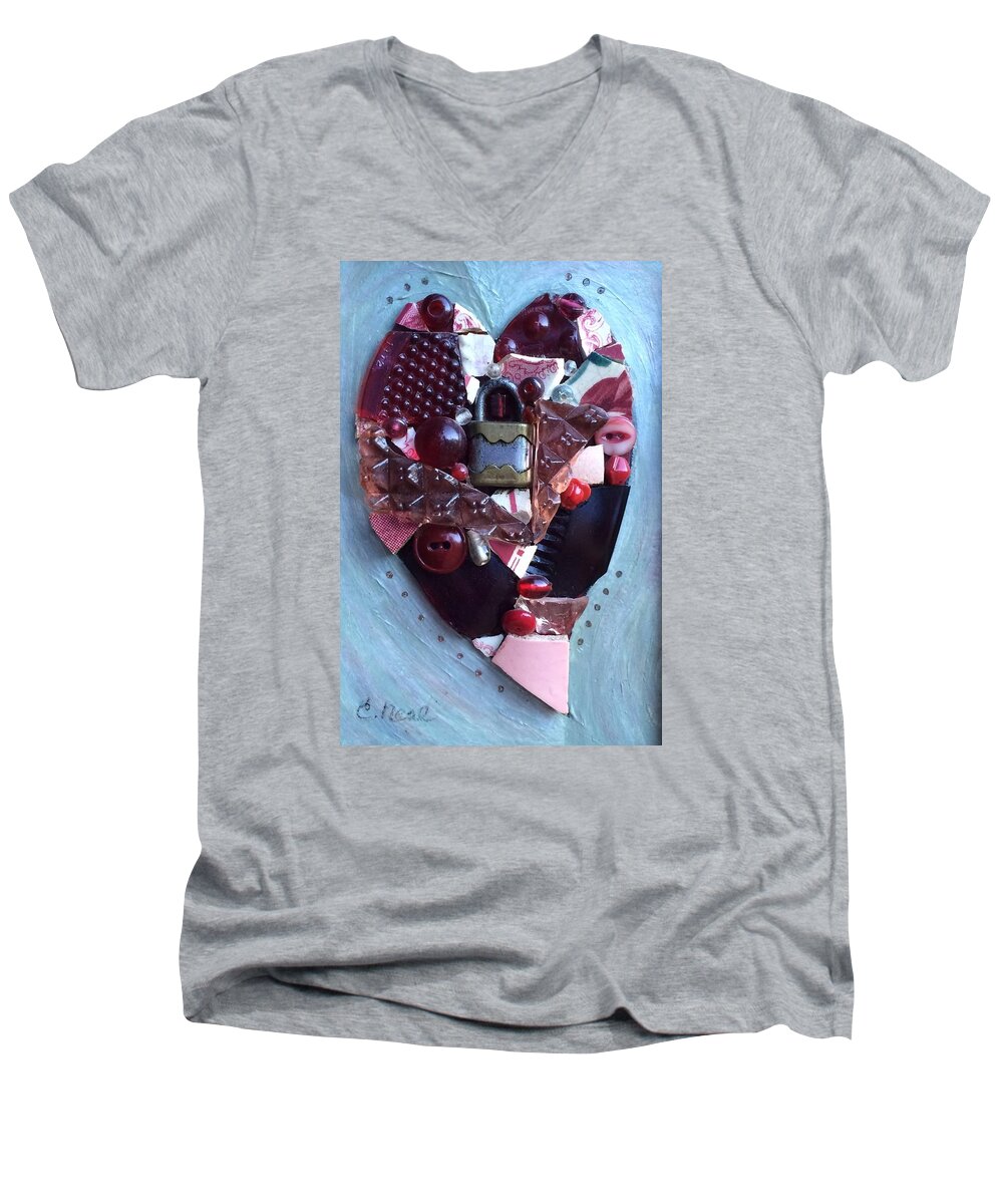 Heart Men's V-Neck T-Shirt featuring the mixed media Guard Your Heart by Carol Neal