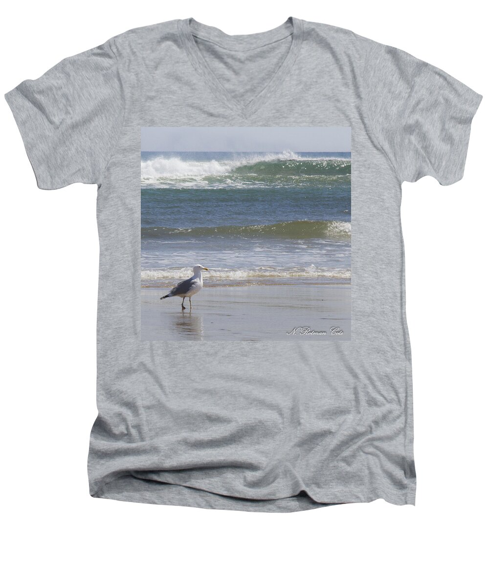 Photograph Men's V-Neck T-Shirt featuring the photograph Gull with Parallel Waves by Natalie Rotman Cote