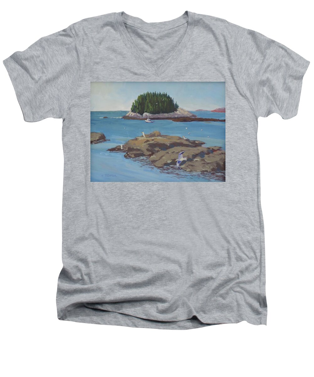 Gulls At Five Islands Men's V-Neck T-Shirt featuring the painting Gulls at Five Islands - Art by Bill Tomsa by Bill Tomsa
