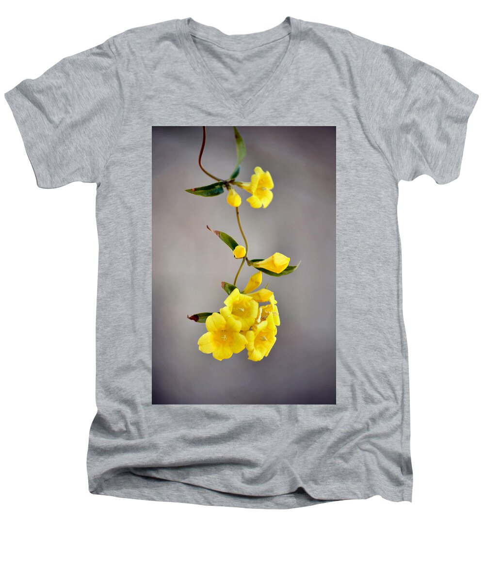 Yellow Flowers Men's V-Neck T-Shirt featuring the photograph Hanging Blossoms by Deb Halloran