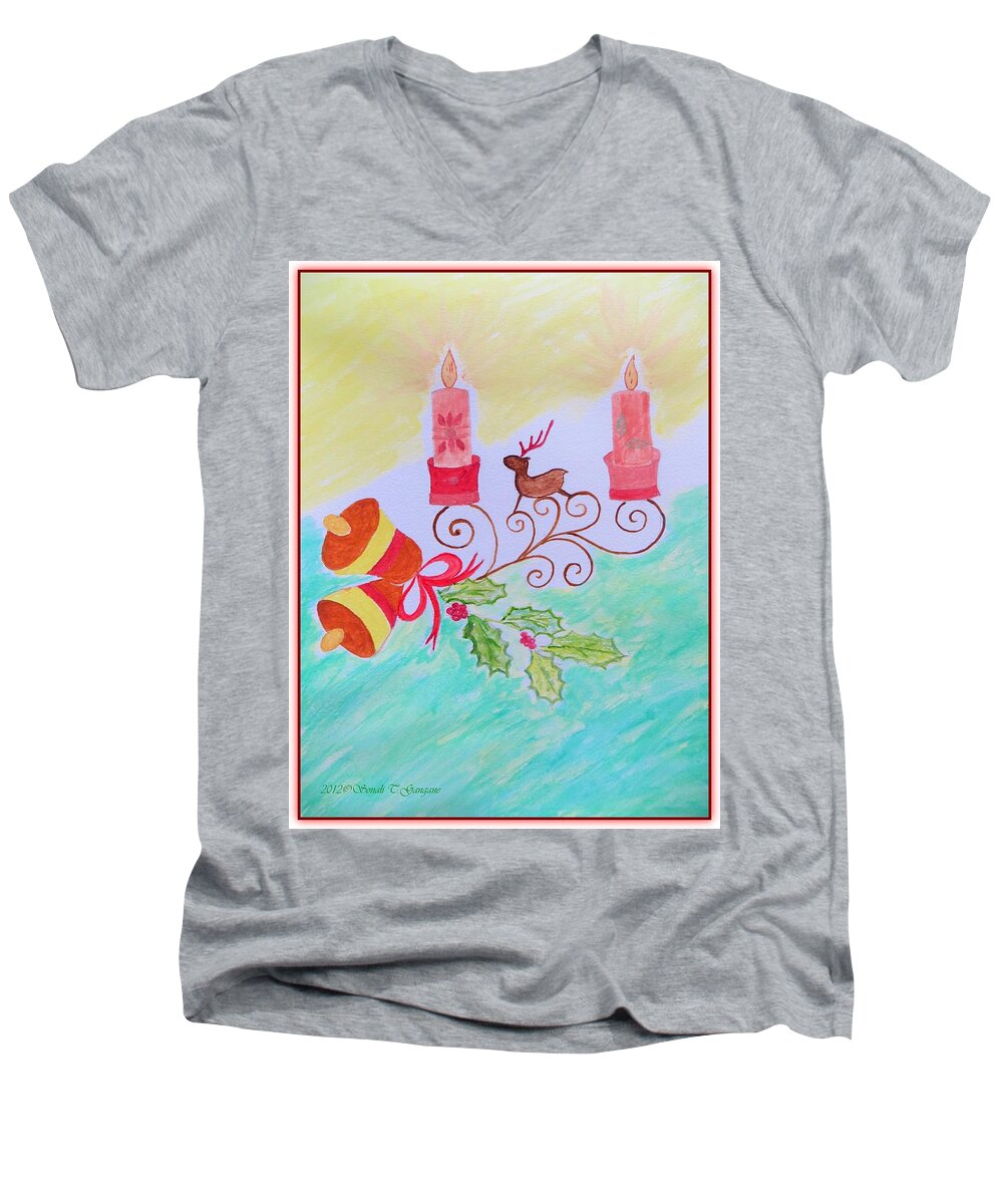 Reindeer Christmas Men's V-Neck T-Shirt featuring the painting Happy Christmas by Sonali Gangane