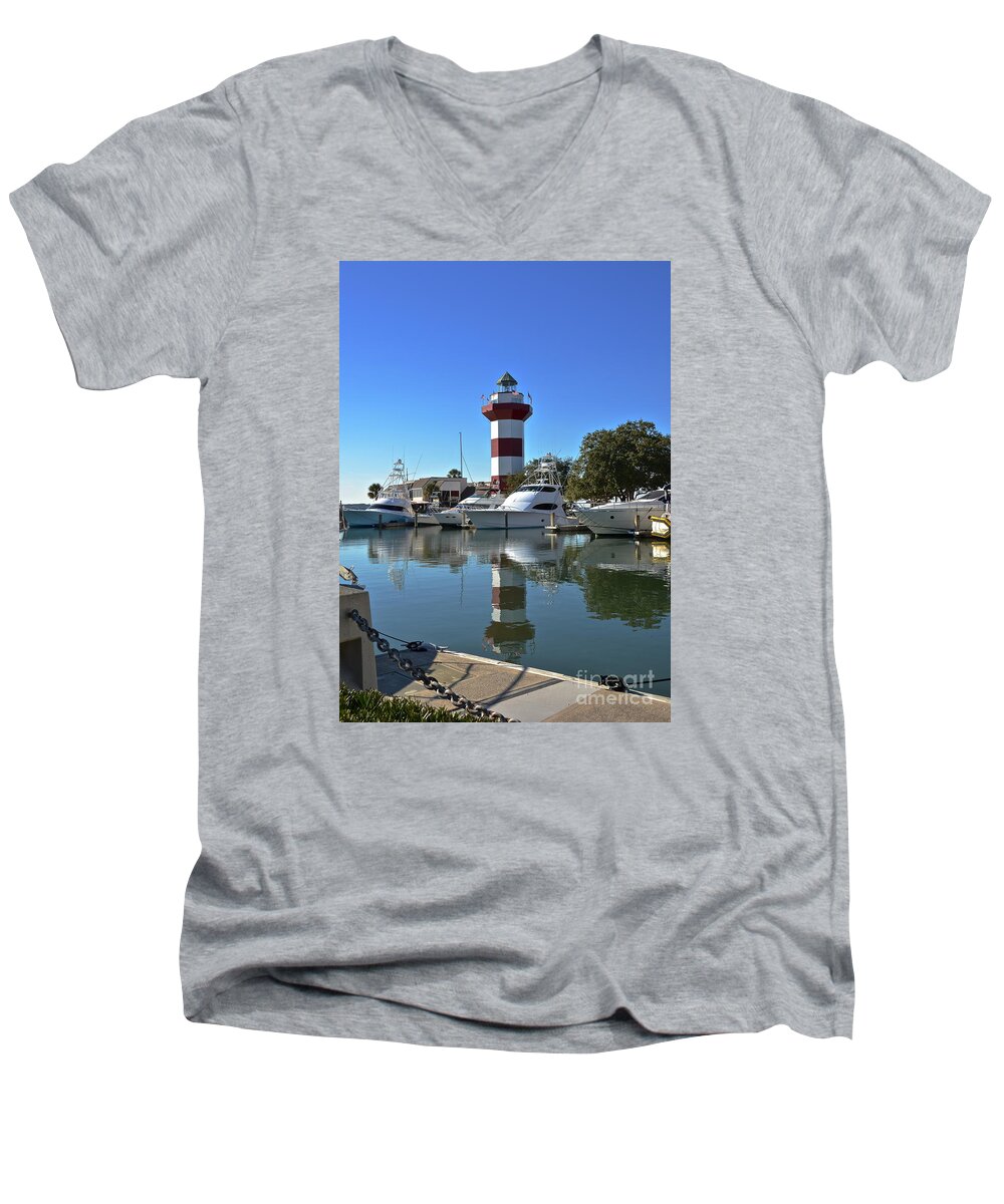 Lighthouse Men's V-Neck T-Shirt featuring the photograph Harbor Town Lighthouse by Carol Bradley