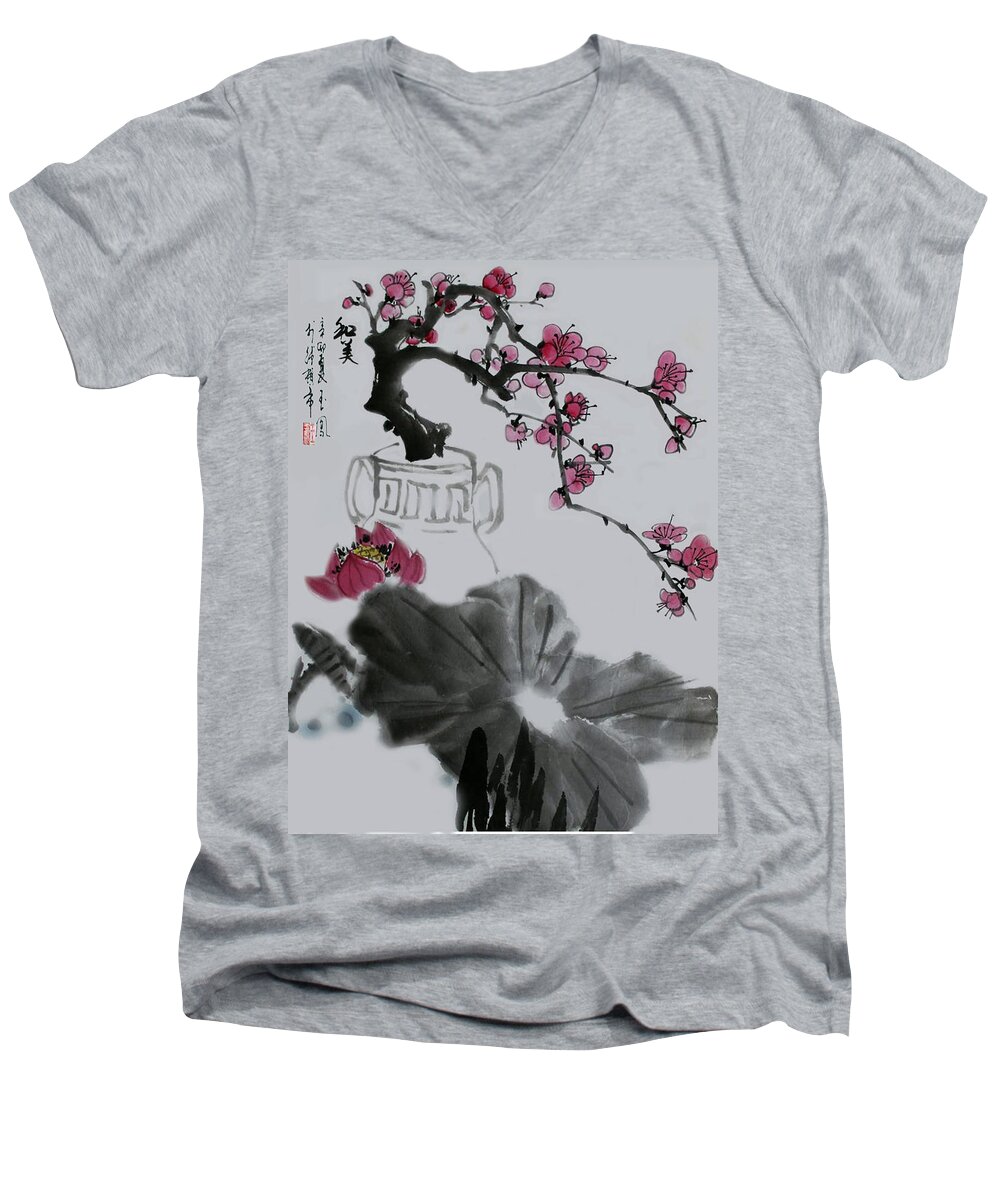 Plum Blossomy Men's V-Neck T-Shirt featuring the photograph Harmony and Beauty by Yufeng Wang
