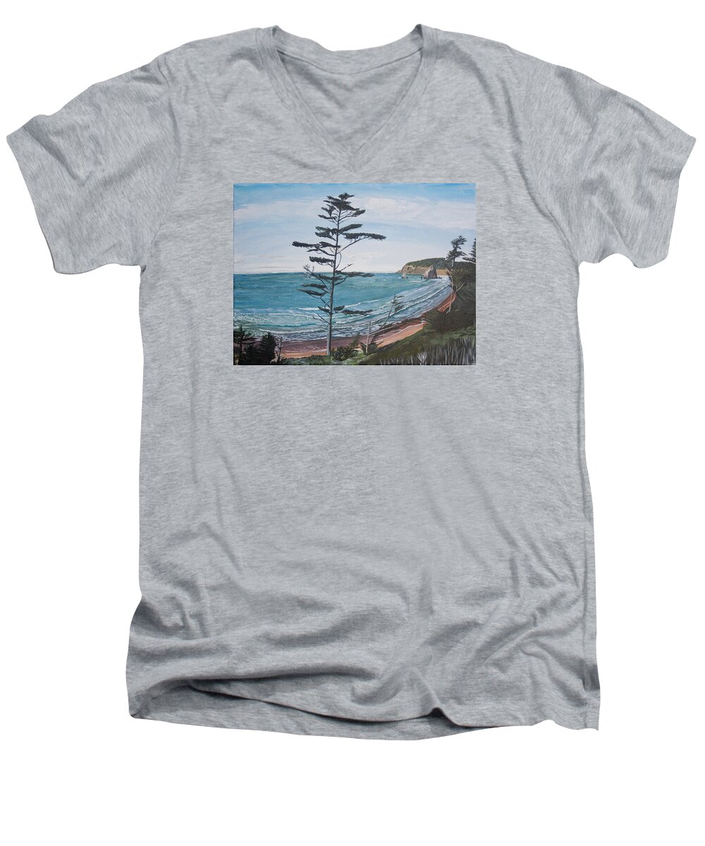 Hay Stack Rock Men's V-Neck T-Shirt featuring the painting Hay Stack Rock from the South on the Oregon Coast by Ian Donley