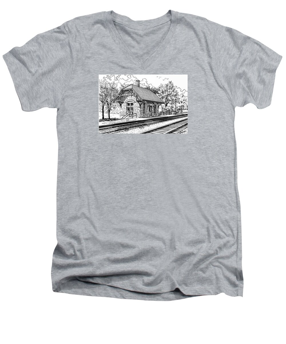 Train Men's V-Neck T-Shirt featuring the drawing Highlands Train Station by Mary Palmer