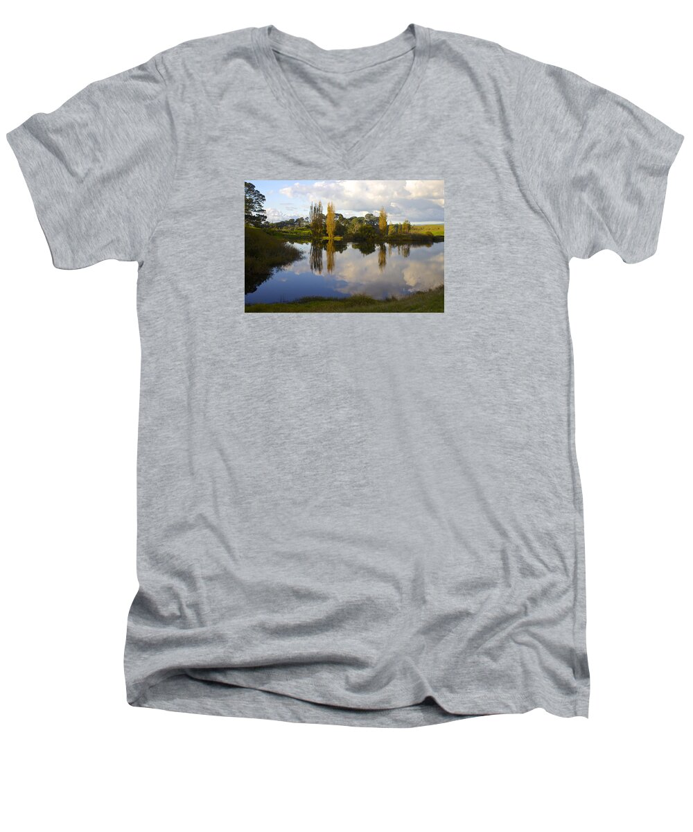 Hobbits Men's V-Neck T-Shirt featuring the photograph Autumn at Hobbiton Lake New Zealand by Venetia Featherstone-Witty