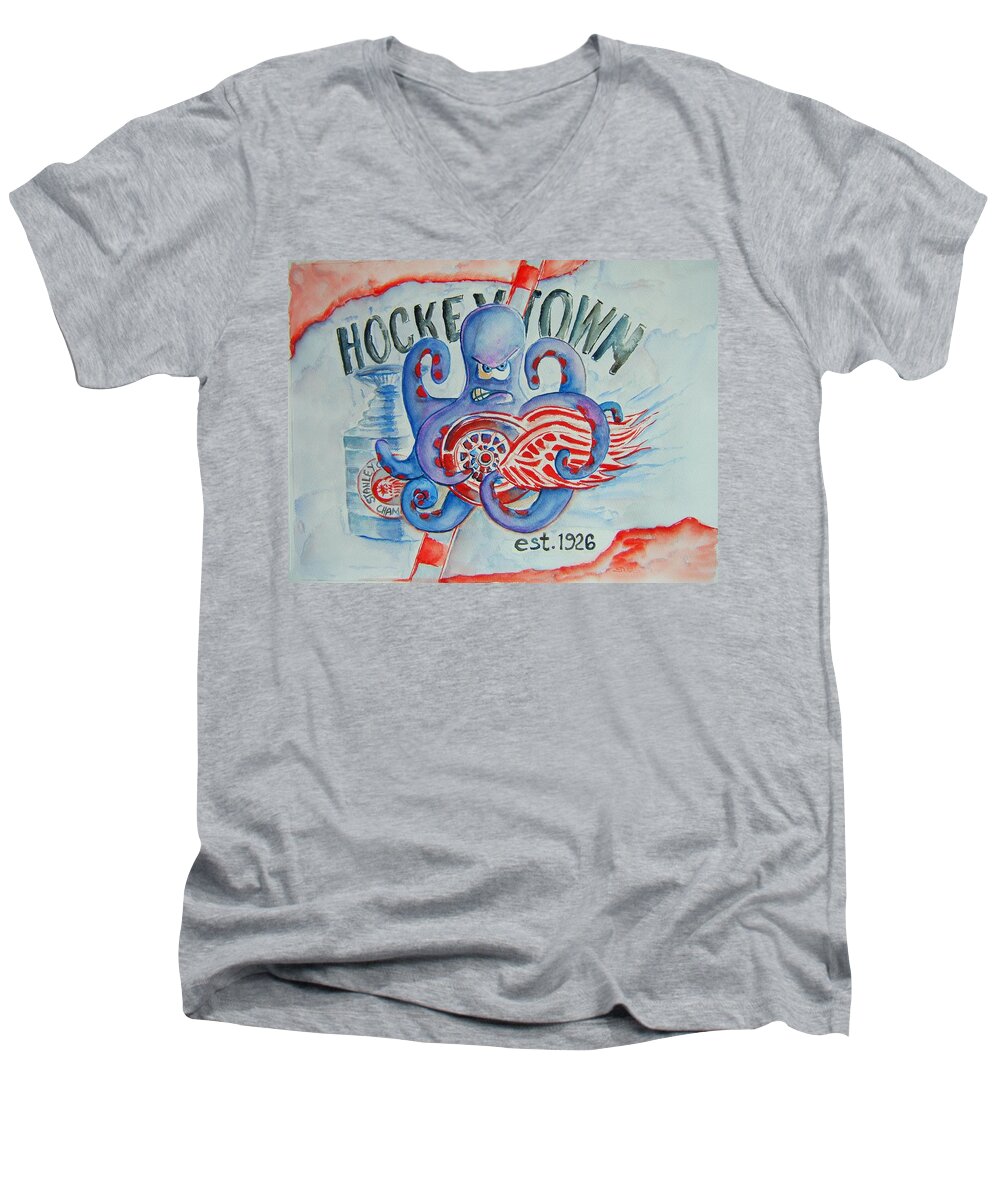 Detroit Red Wings Men's V-Neck T-Shirt featuring the painting Hockeytown by Elaine Duras