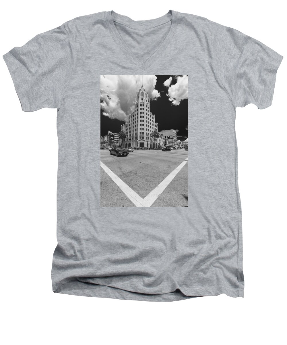 Hollywood Men's V-Neck T-Shirt featuring the photograph Hollywood and Highland Black and White by Scott Campbell