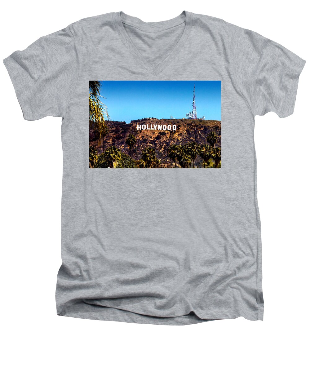Hollywood Sign Men's V-Neck T-Shirt featuring the photograph Hollywood Sign by Az Jackson