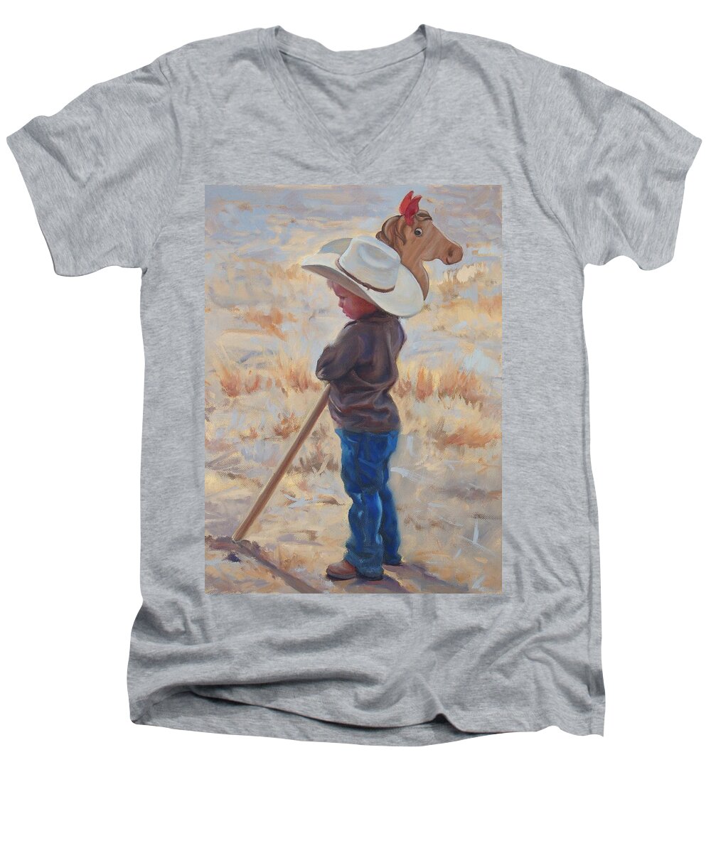 Wester Men's V-Neck T-Shirt featuring the painting Horse and Rider by Christine Lytwynczuk