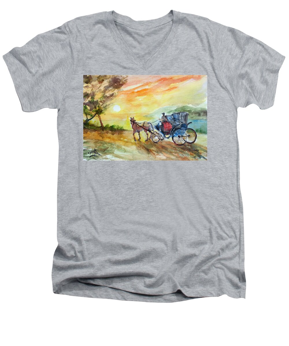 Horse-drawn Men's V-Neck T-Shirt featuring the painting Horse-Drawn Carriage by Faruk Koksal