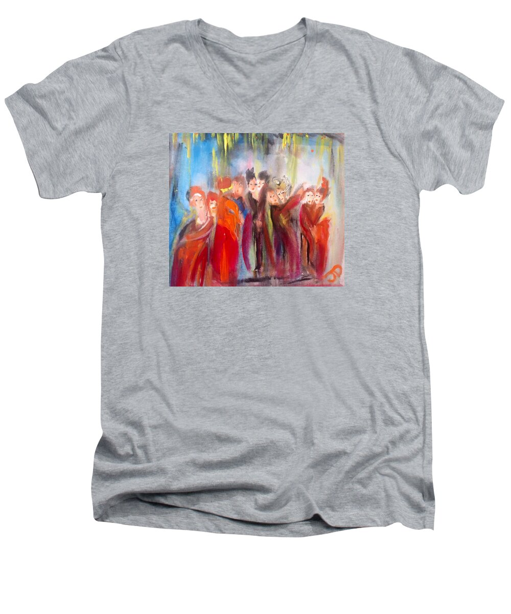 Polka Men's V-Neck T-Shirt featuring the painting Hot Christmas Polka by Judith Desrosiers