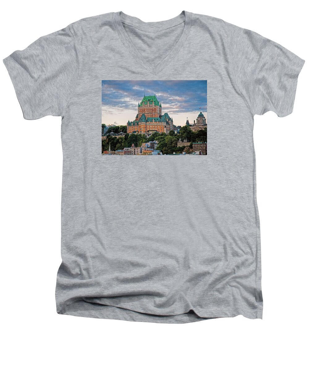Architecture Men's V-Neck T-Shirt featuring the photograph Fairmont Le Chateau Frontenac by Ginger Wakem