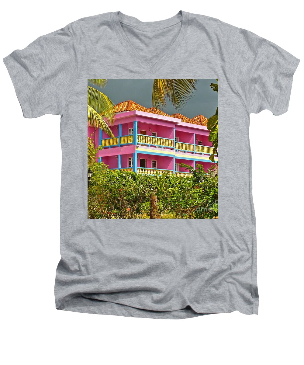 Hotel Men's V-Neck T-Shirt featuring the photograph Hotel Jamaica by Linda Bianic